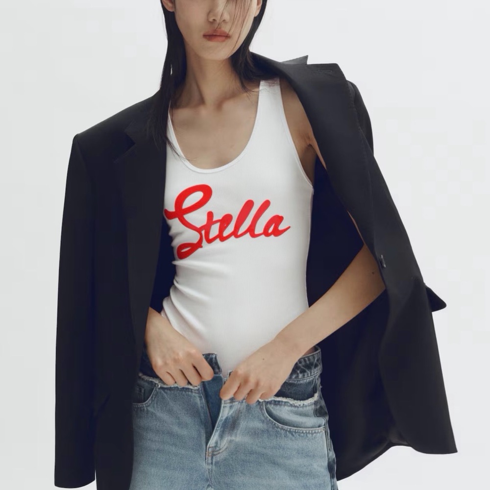 Stella McCartney White Ribbed Tank with Red Script Logo